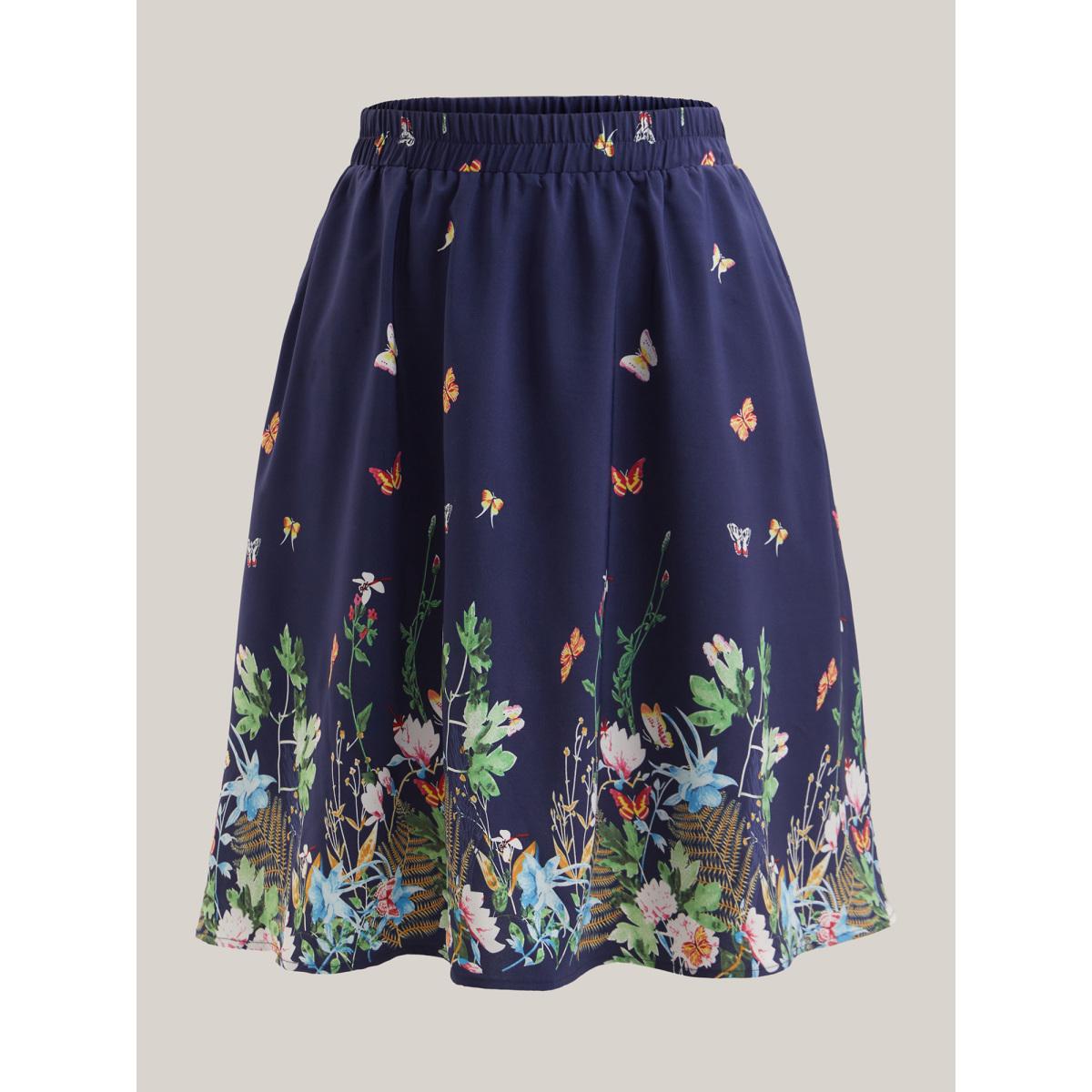 Plus Size Garden Print Pleated Midi Skirt Women DarkBlue Elegant Bodycon Low stretch Slanted pocket Everyday Skirts BloomChic 28/5X Product Image