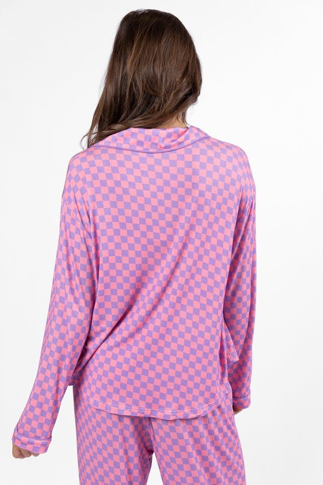 Good To Get Away Light Pink and Lilac Checkered Long Sleeve Pajama Top FINAL SALE Product Image
