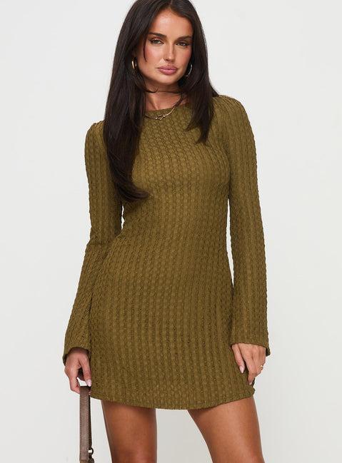 Lukea Long Sleeve Ribbed Mini Dress Olive Product Image