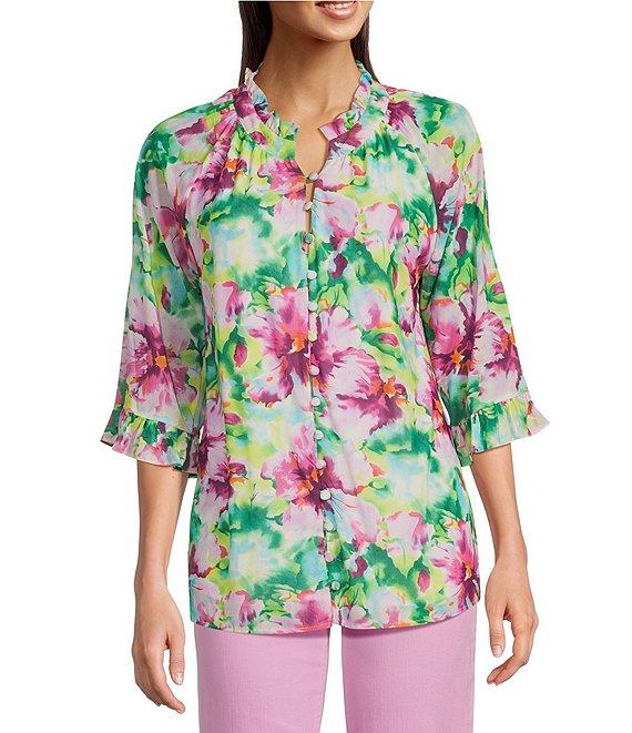 Calessa Summer Floral V-Neck Banded Collar Elbow Sleeve Top Product Image
