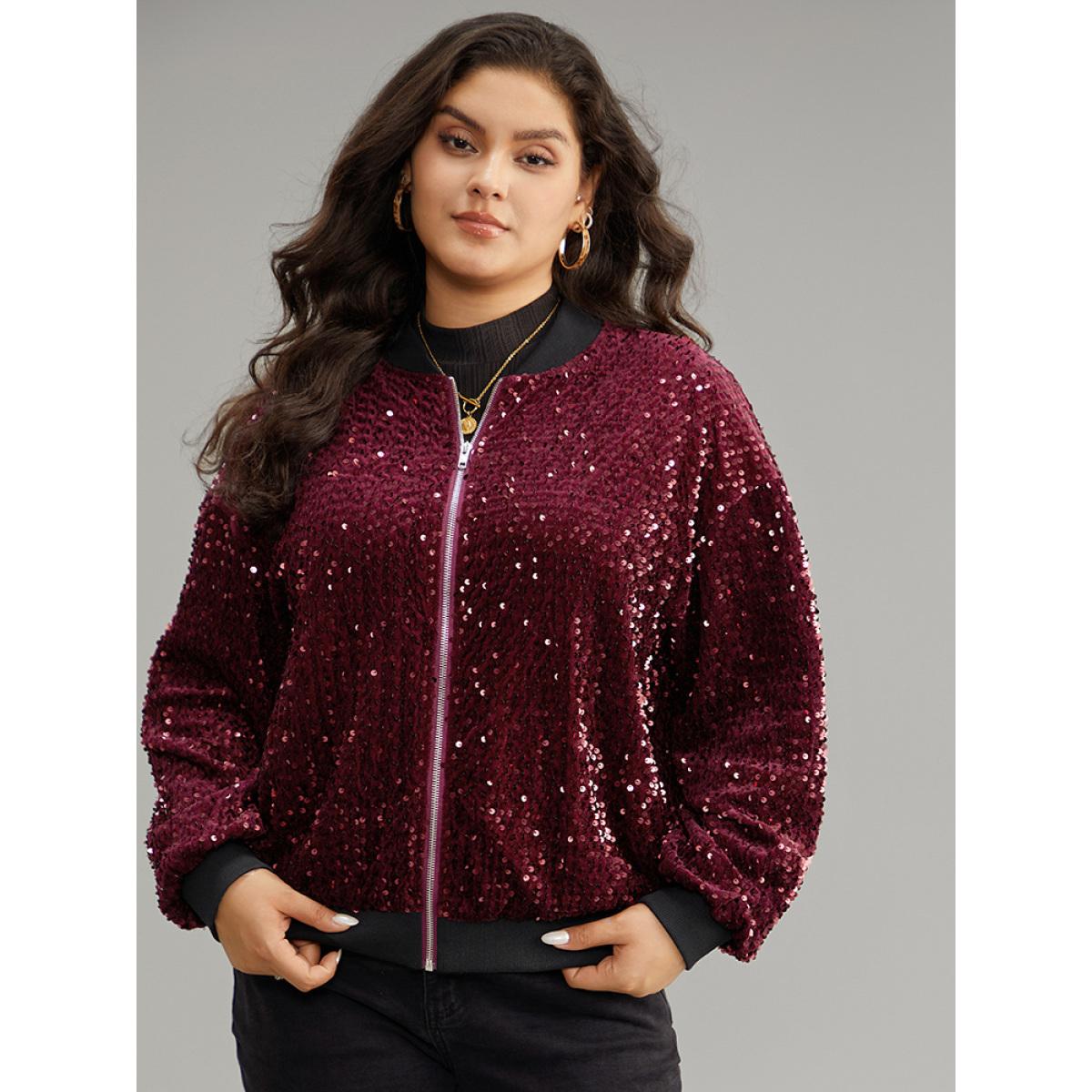 Plus Size Sequin Zipper Patchwork Contrast Bomber Jacket Women Burgundy Contrast Dailywear Jackets BloomChic 18-20/2X Product Image