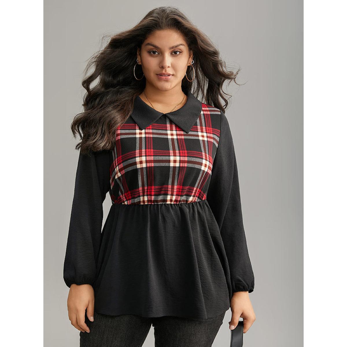 Plus Size Black Plaid Patchwork Lapel Collar Lantern Sleeve Blouse Women Office Long Sleeve Lapel Collar Office Blouses BloomChic 14-16/1X Product Image