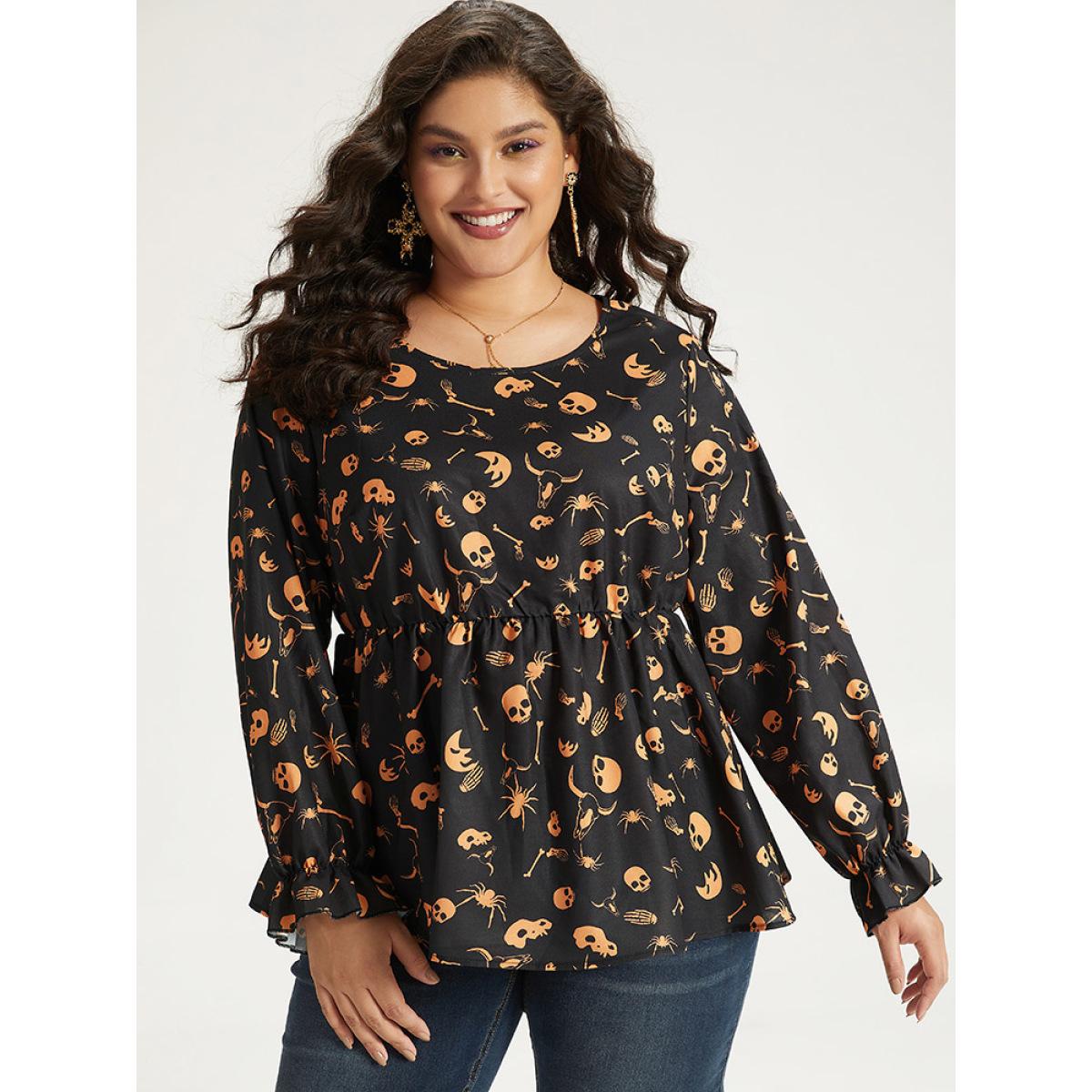 Plus Size Black Halloween Print Elastic Waist Crew Neck Lantern Sleeve Blouse Women Elegant Long Sleeve Round Neck Festival-Halloween Blouses BloomChic 10/M Product Image