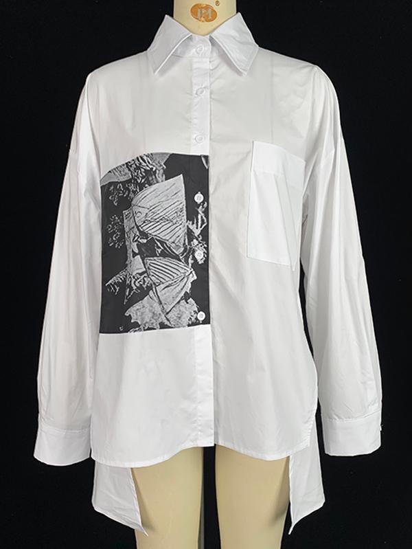 A-Line High-Low Buttoned Pockets Printed Split-Side Stand Collar Blouses&Shirts Tops Product Image