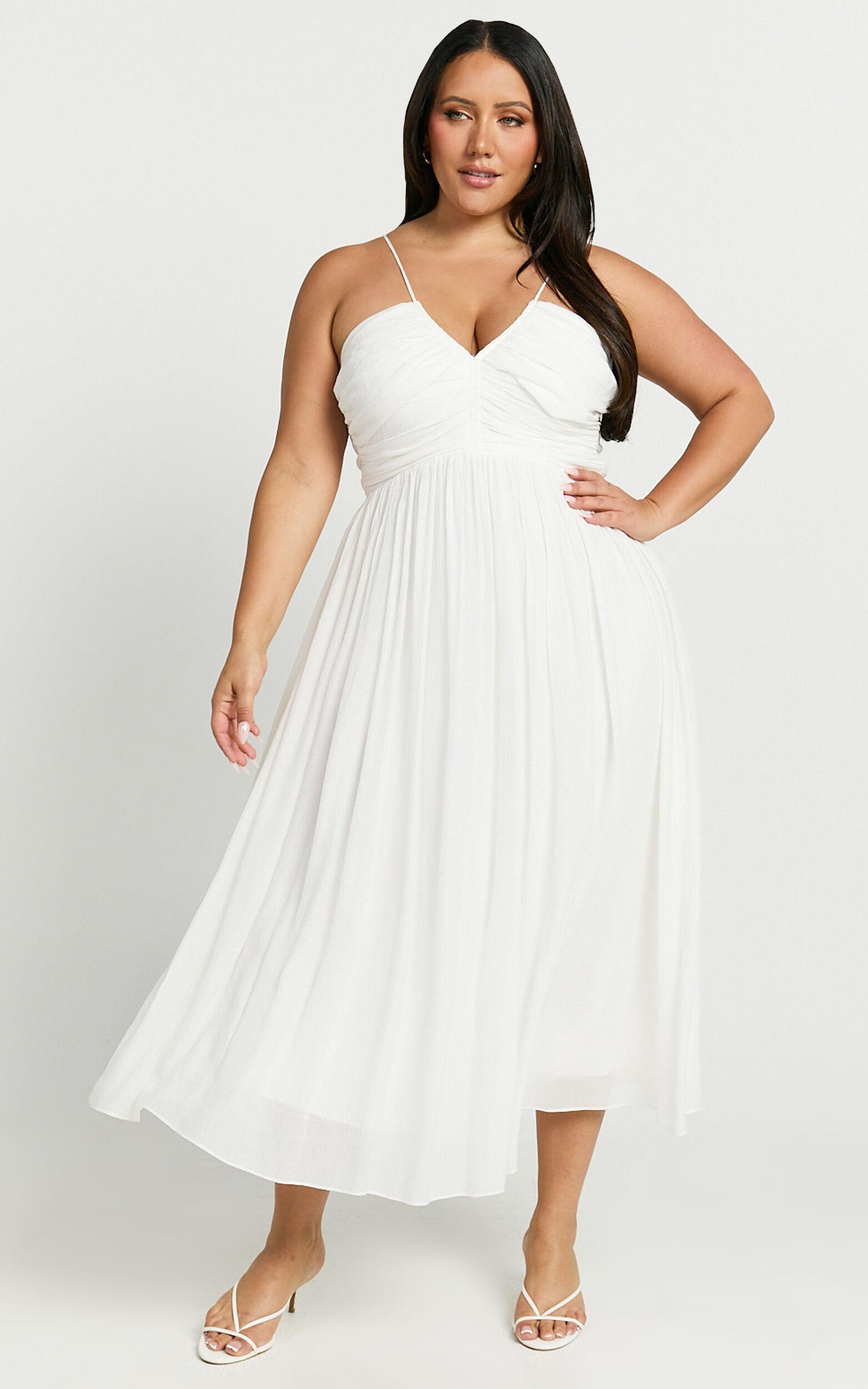 Roza Midi Dress - Ruched Bodice Dress in White Product Image
