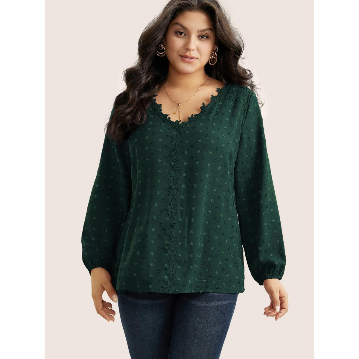 Plus Size Indigo Plisse Eyelet Lace Elastic Cuffs Blouse Women Elegant Long Sleeve V-neck Everyday Blouses BloomChic 14-16/1X Product Image