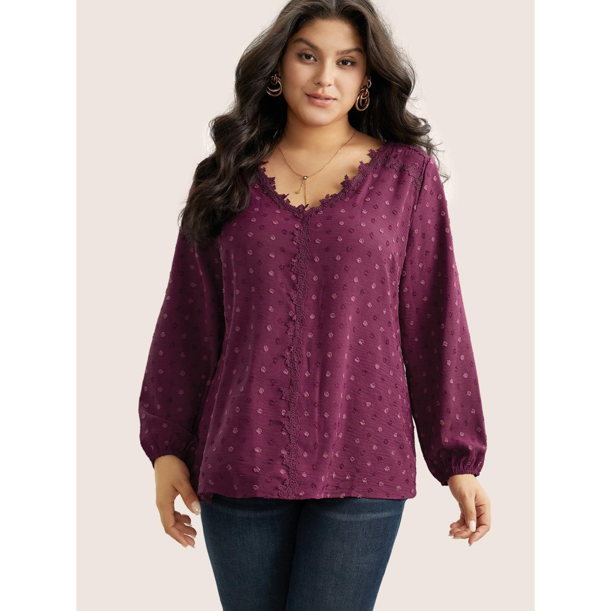 Plus Size Purple Plisse Eyelet Lace Elastic Cuffs Blouse Women Elegant Long Sleeve V-neck Everyday Blouses BloomChic 28/5X Product Image