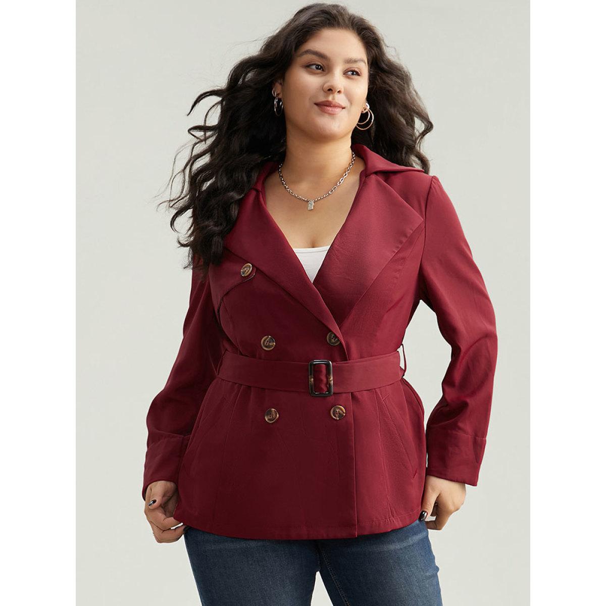 Plus Size Twill Lapel Collar Belted Button Up Buckle Detail Coat Women Burgundy Casual Plain Ladies Dailywear Winter Coats BloomChic 28/5X Product Image