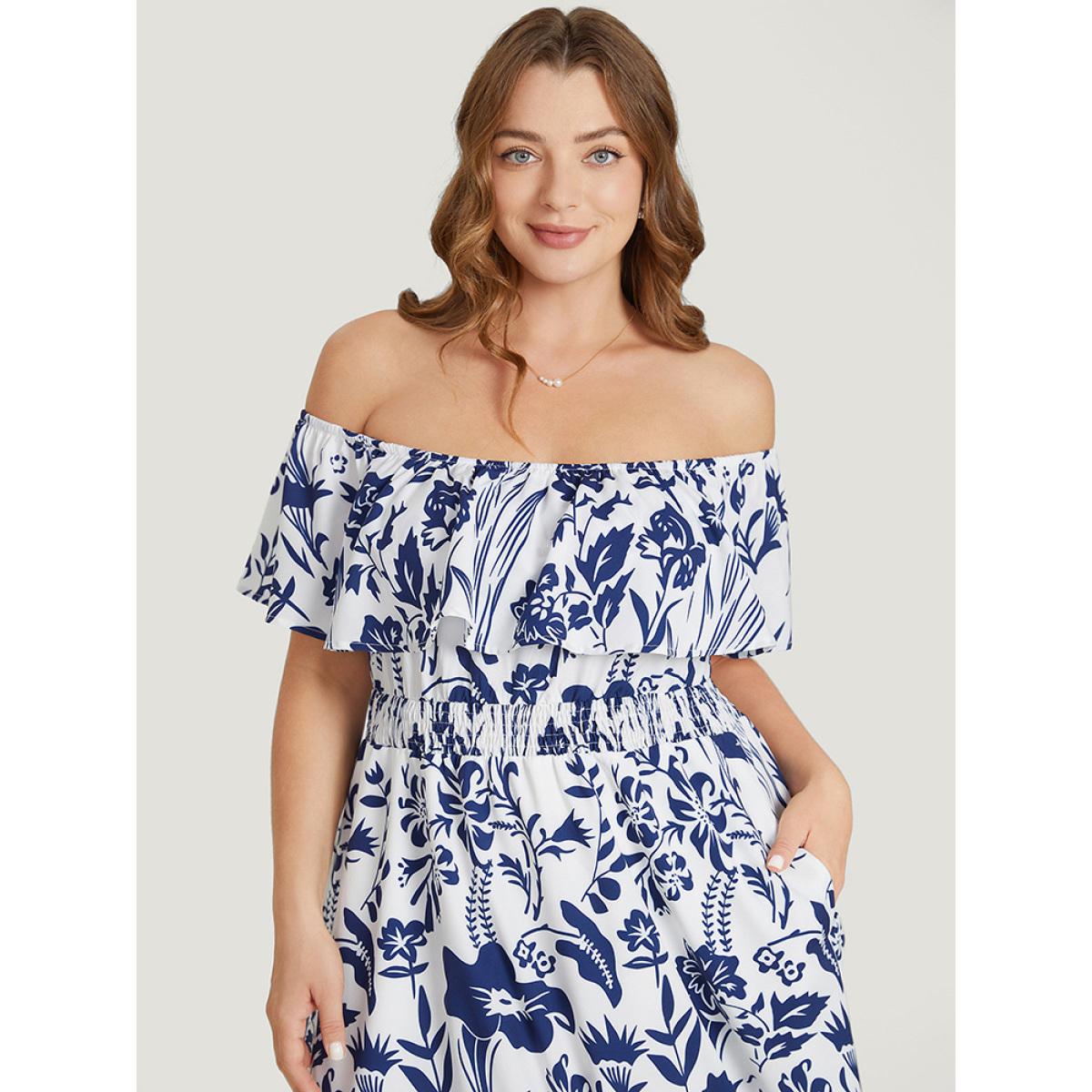 Plus Size Floral Ruffle Trim Square Neck Shirred Pocket Dress Blue Women Elegant Lined Square Neck Short sleeve Curvy Midi Dress BloomChic 26/4X Product Image