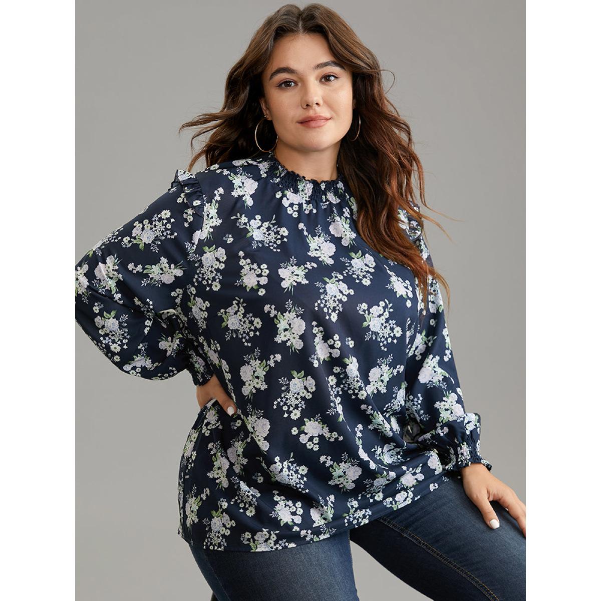 Plus Size Indigo Ruffle Trim Floral Print Shirred Blouse Women Elegant Long Sleeve Mock Neck Office Blouses BloomChic 18-20/2X Product Image