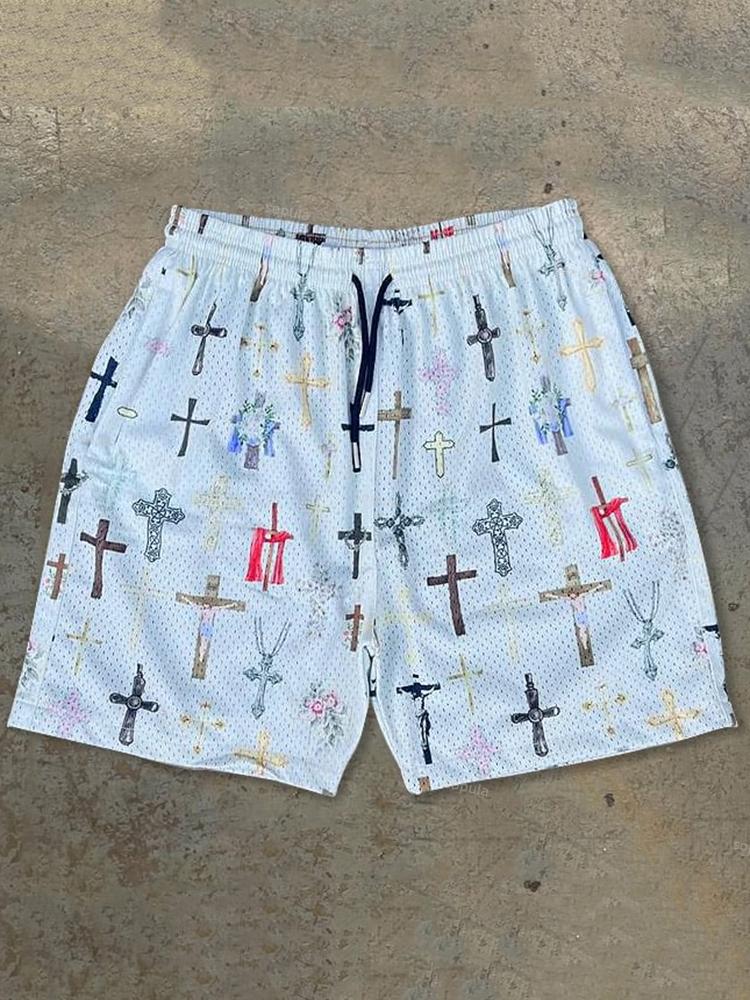 Sopula Street Sports Fashion Saint Pray Cross Graphic Drawstring Mesh Basketball Shorts Product Image