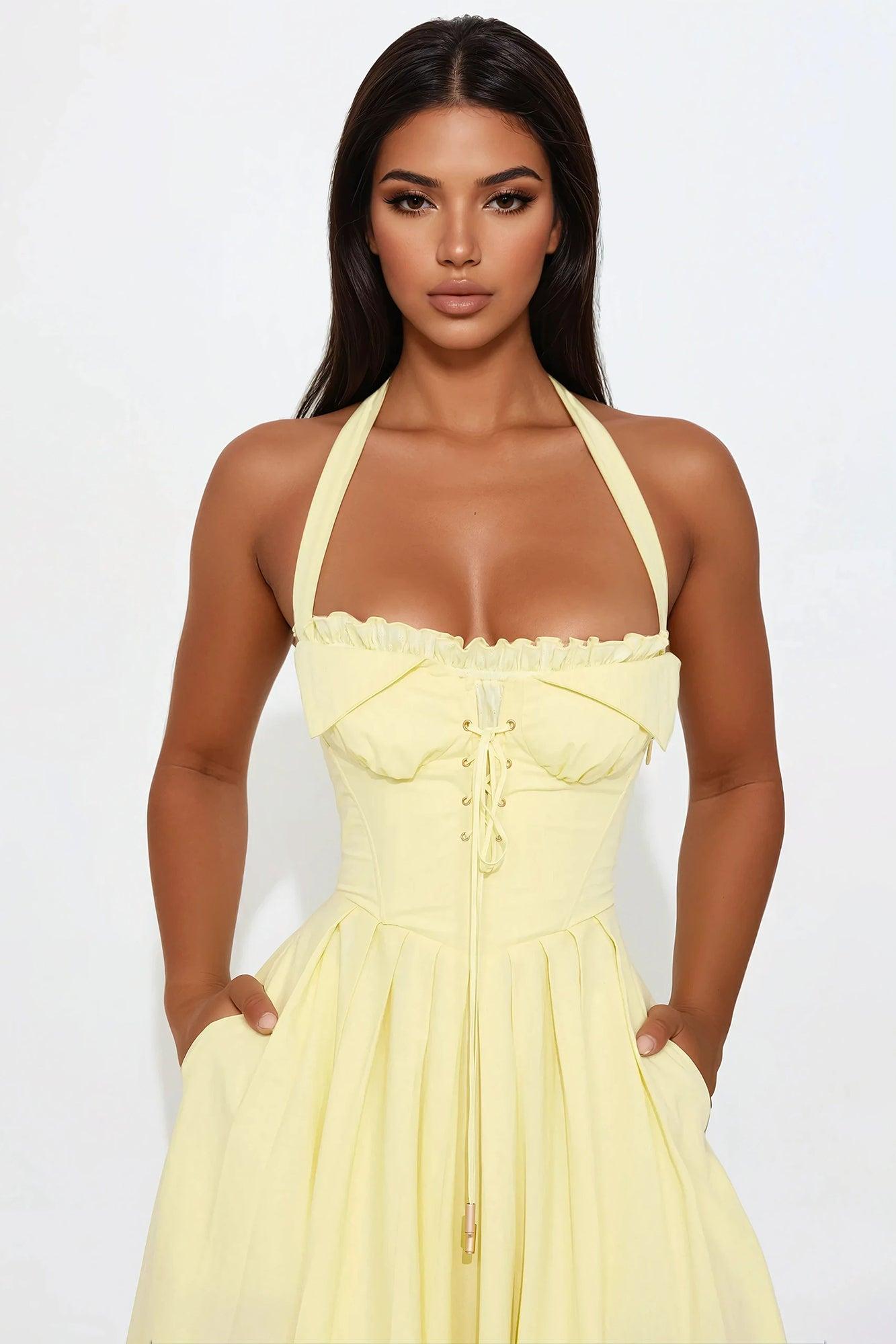 Claudine Floral Corset Midi Dress - Butter Yellow Product Image