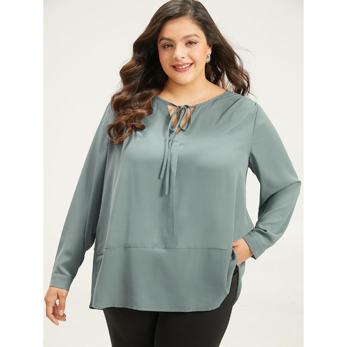 Plus Size SlateGray Solid Tie Neck Gathered Blouse Women Office Long Sleeve Tie Neck Office Blouses BloomChic 22-24/3X Product Image
