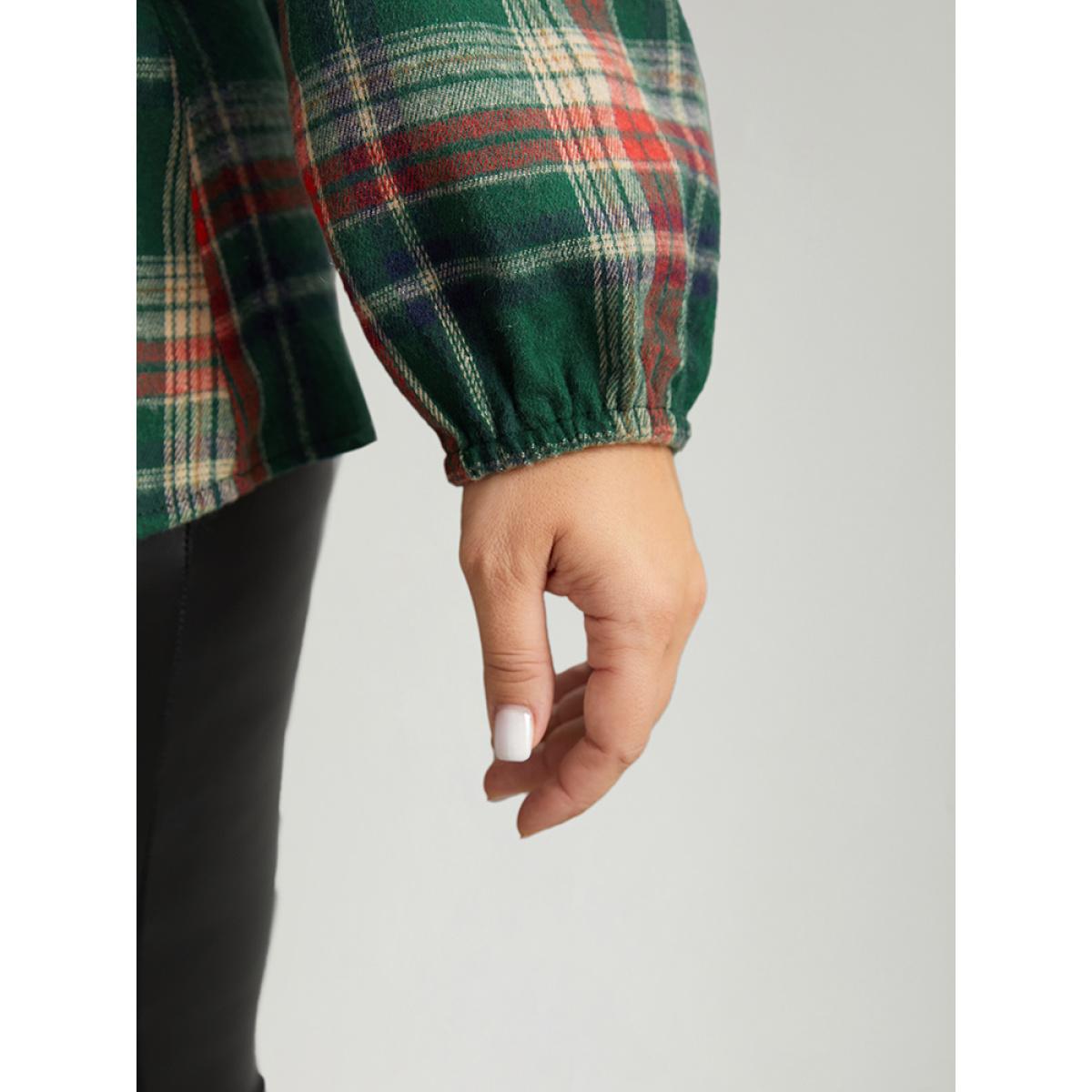 Plus Size DarkGreen Christmas Plaid Ties Lantern Sleeve Blouse Women Elegant Long Sleeve Round Neck Festival-Christmas Blouses BloomChic 30/6X Product Image