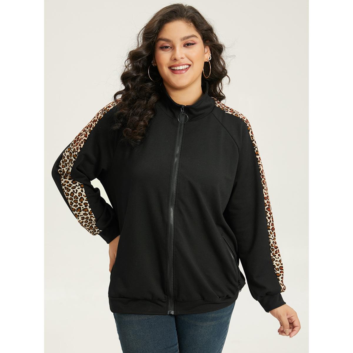 Plus Size Leopard Print Patchwork Zipper Pocket Jacket Women Black Elastic cuffs Pocket Dailywear Jackets BloomChic 22-24/3X Product Image