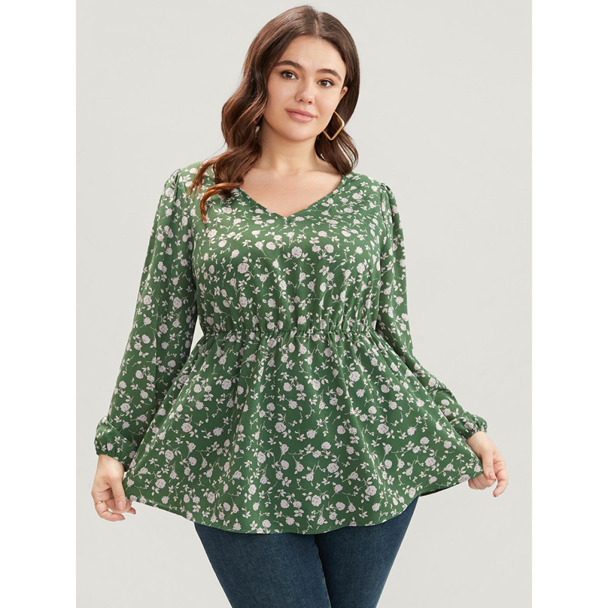 Plus Size Green Ditsy Floral V Neck Lantern Sleeve Blouse Women Elegant Long Sleeve V-neck Dailywear Blouses BloomChic 10/M Product Image