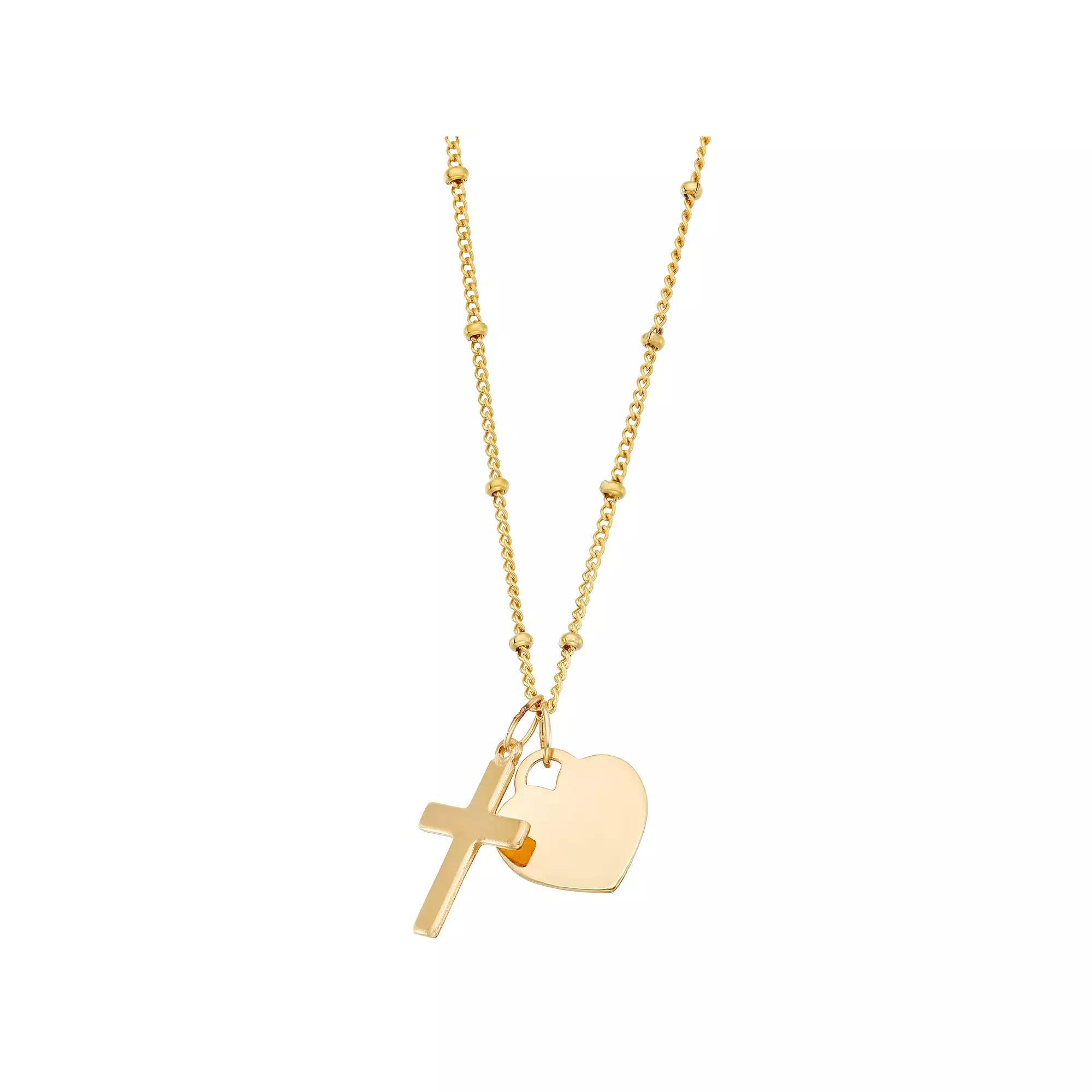 Charming Girl Kids' 14k Gold Heart & Cross Pendant Necklace, Women's, Size: 15", Gold Tone Product Image