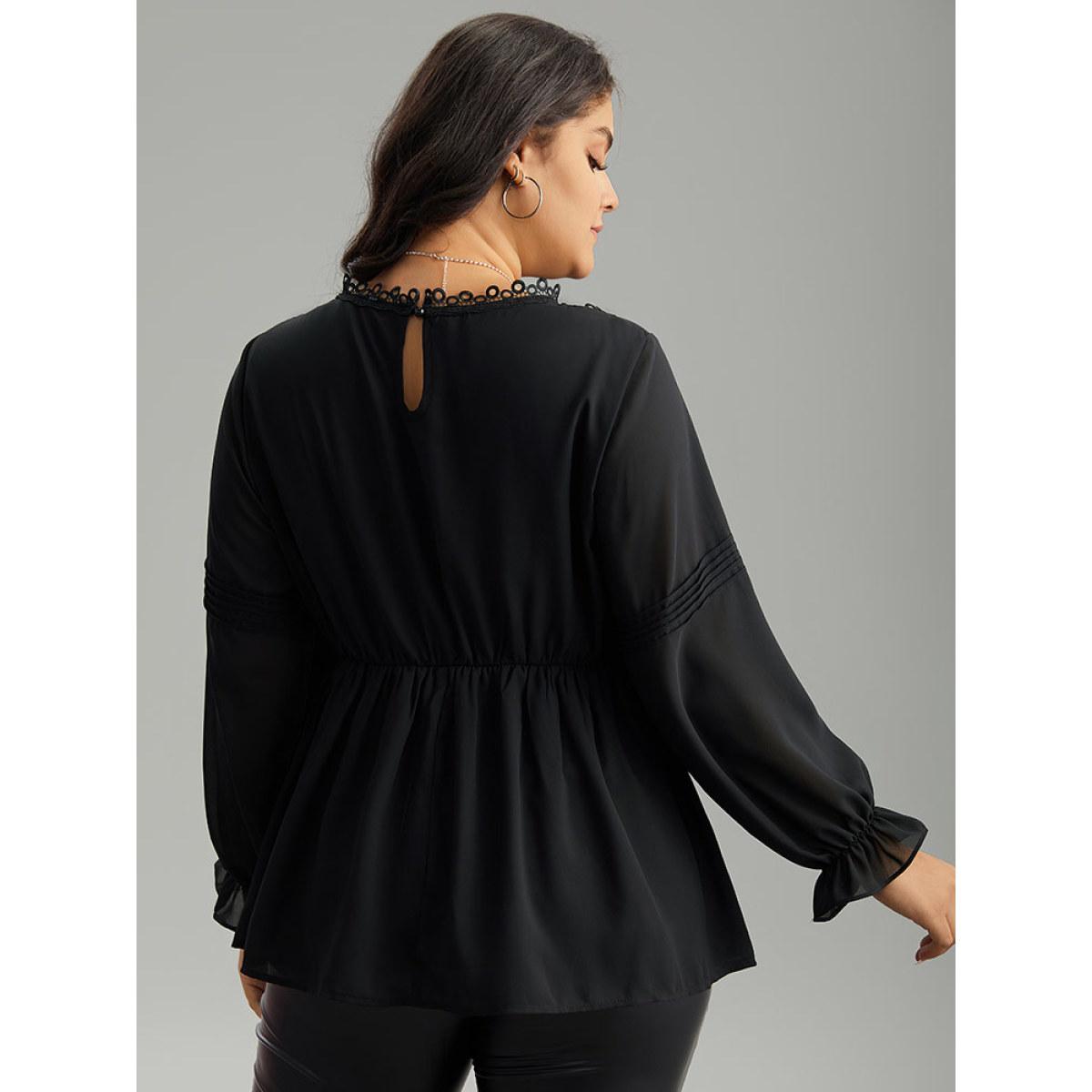 Plus Size Black Plain Ruffles Elastic Waist Lace Patchwork Blouse Women Office Long Sleeve Stand-up collar Office Blouses BloomChic 10/M Product Image
