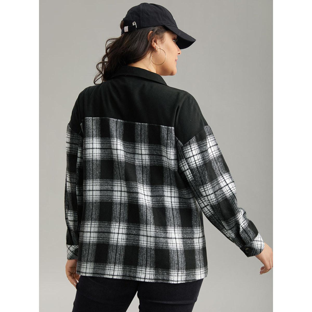 Plus Size Plaid Patchwork Patched Pocket Button Through Shacket Women Black Casual Contrast Ladies Dailywear Winter Coats BloomChic 18-20/2X Product Image