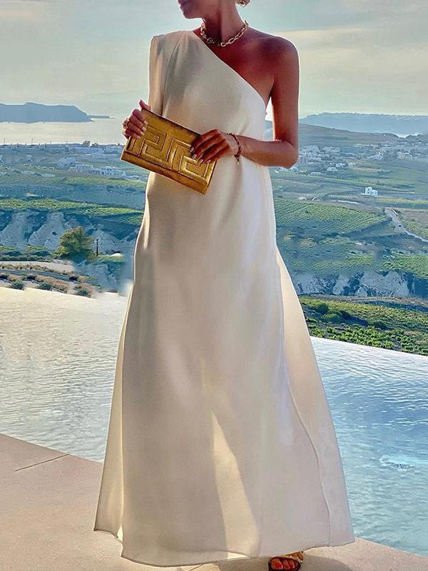 Loose Asymmetric Solid Color Split-Joint One-Shoulder Maxi Dresses Product Image