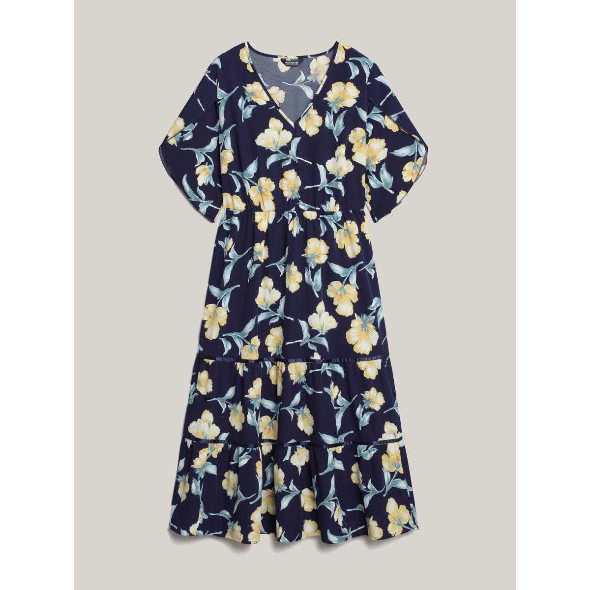 Plus Size Spring Flowers V-Neck Tiered Midi Dress Indigo Women Elegant Overlapping V-neck Half Sleeve Curvy BloomChic 28/5X Product Image