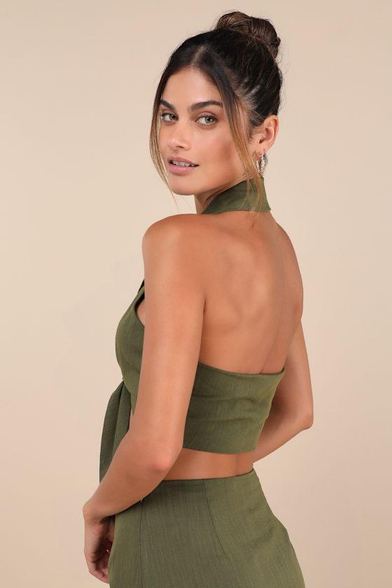 Composed Personality Olive Green Tie-Front Halter Crop Top Product Image