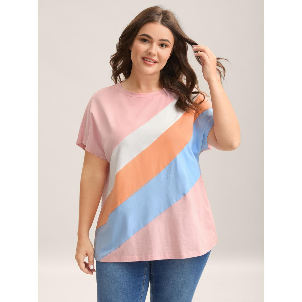 Plus Size Pure Cotton Colorful Stripes T-Shirt Multicolor Women Contrast Round Neck Everyday-Casual T-shirts BloomChic 12/L Product Image