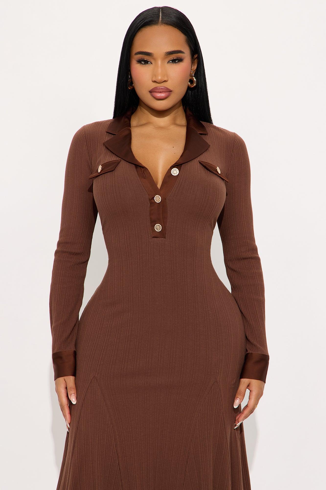 Marisol Ribbed Midi Dress - Brown Female Product Image