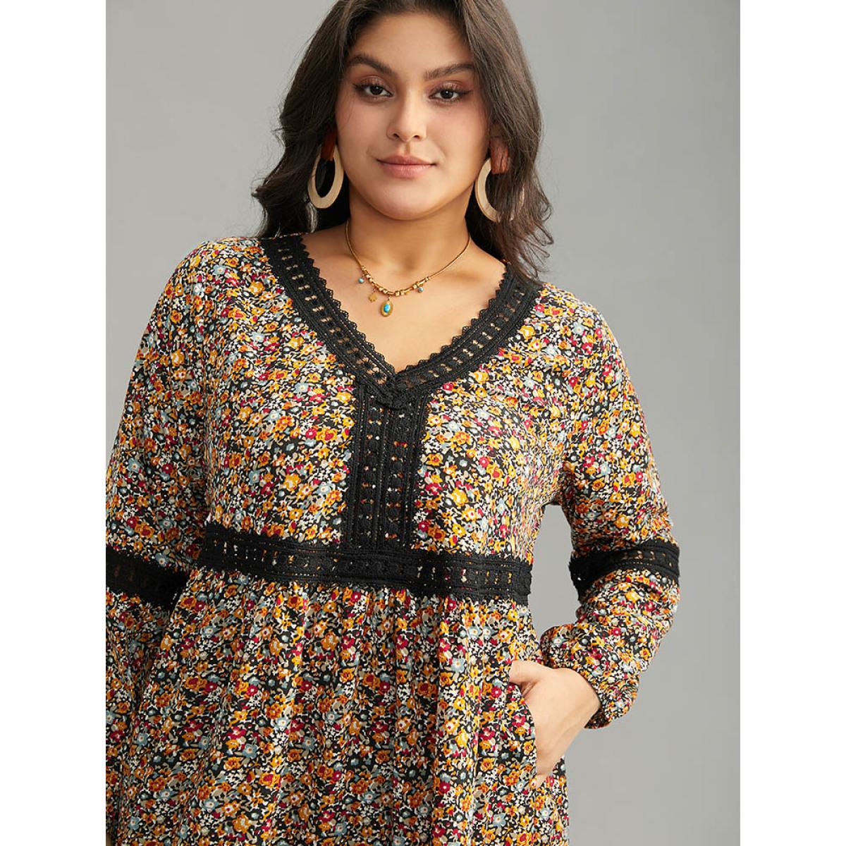 Plus Size Ditsy Floral Lace Panel Lantern Sleeve Dress Multicolor Women Vacation Elastic cuffs V-neck Long Sleeve Curvy Midi Dress BloomChic 22-24/3X Product Image