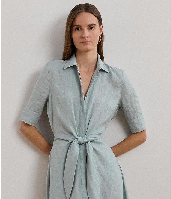 Lauren Ralph Lauren Linen Point Collar Elbow-length Sleeves Tie Front Shirt Midi Dress Product Image