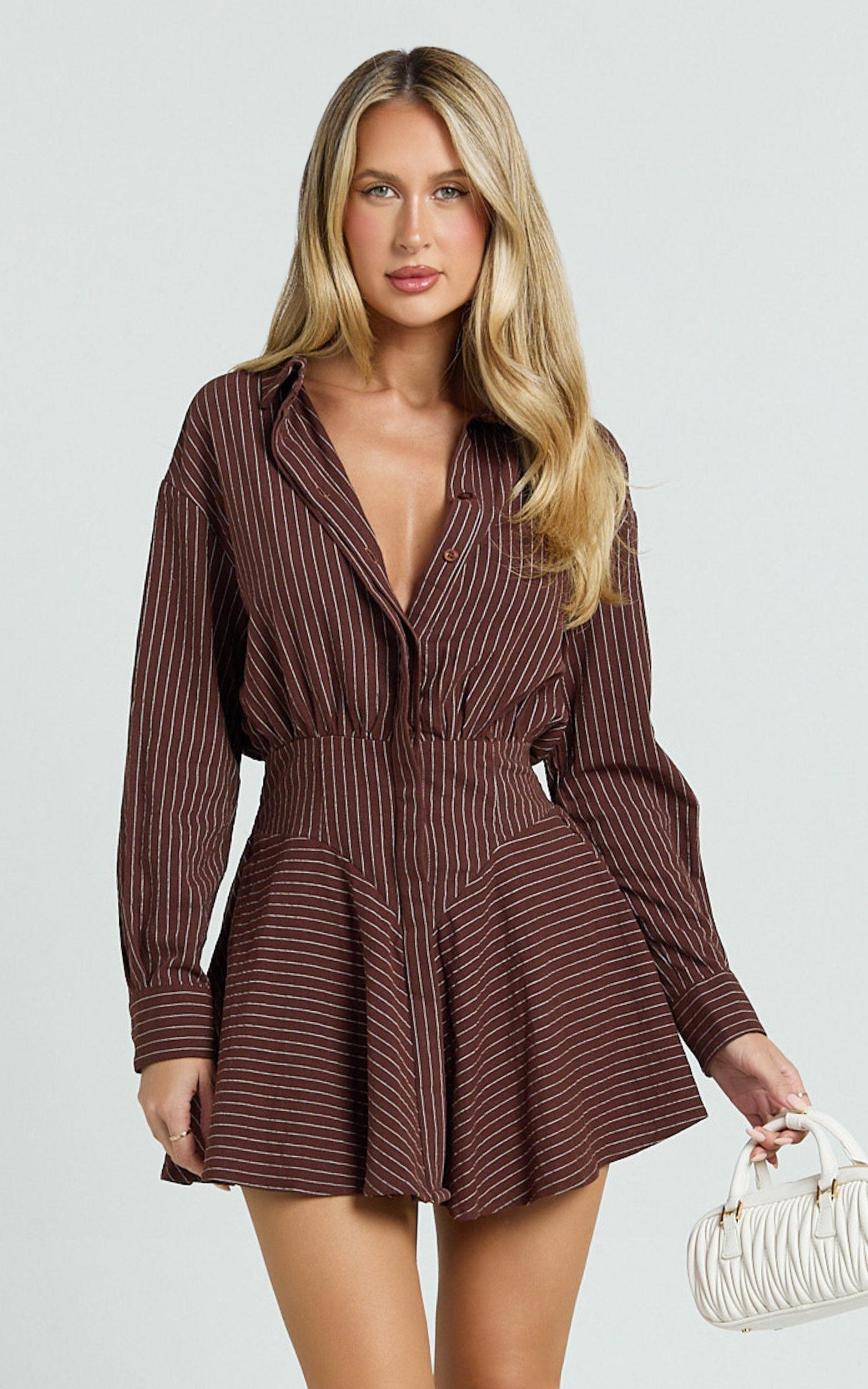 Whitney Mini Dress - Linen Long Sleeve Shirt Dress in Chocolate Pinstripe Product Image