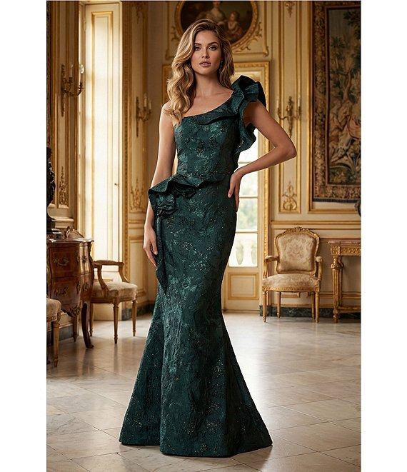 Terani Couture One Shoulder Jacquard Ruffle Long Gown Product Image