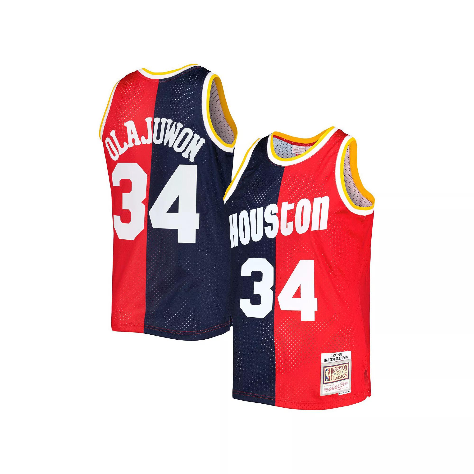 Men's Mitchell & Ness Hakeem Olajuwon Navy/Red Houston Rockets Hardwood Classics 1993-94 Split Swingman Jersey, Size: 2XL, Blue Product Image