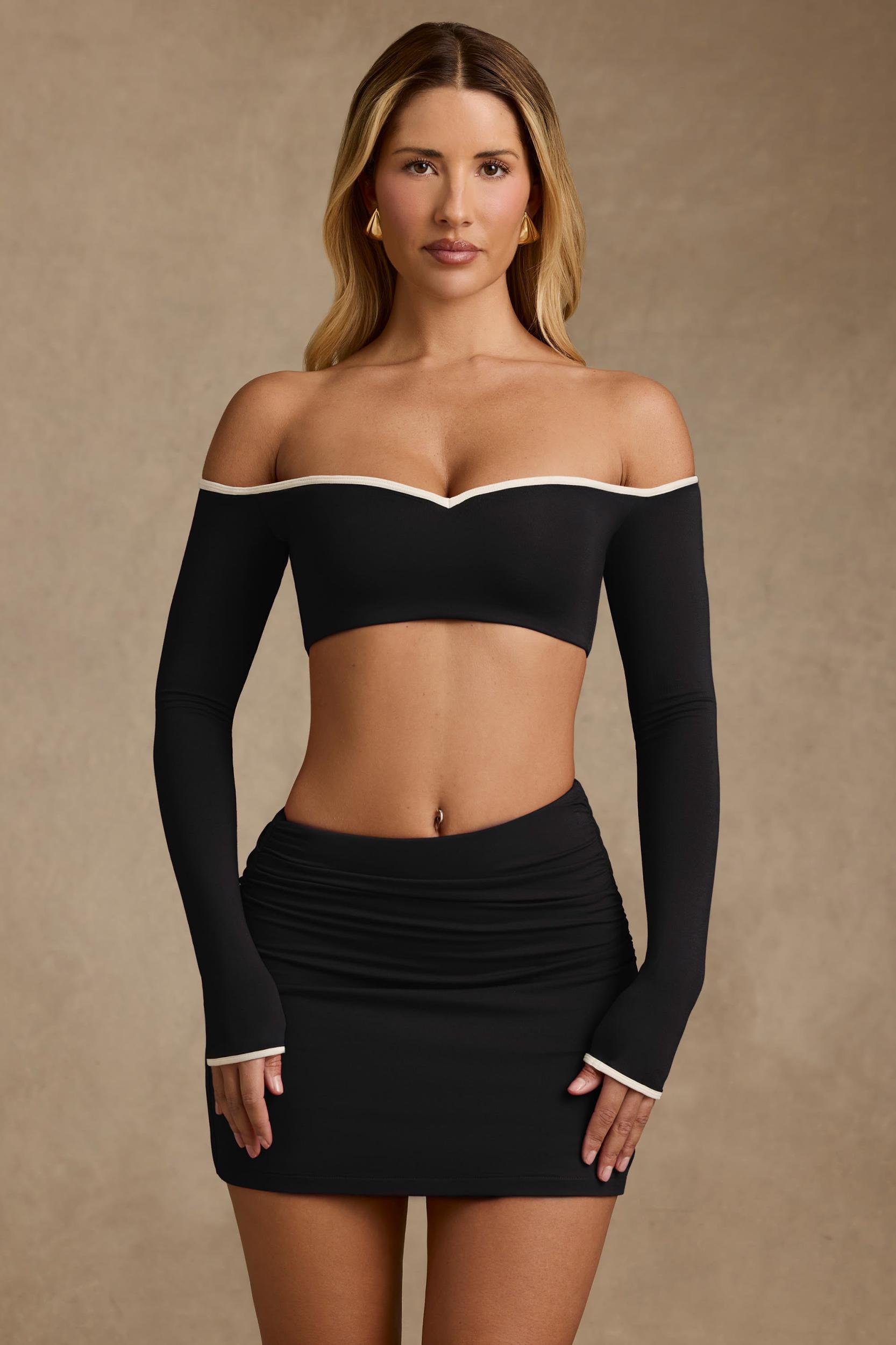 Modal Contrast-Trim Crop Top in Black Product Image