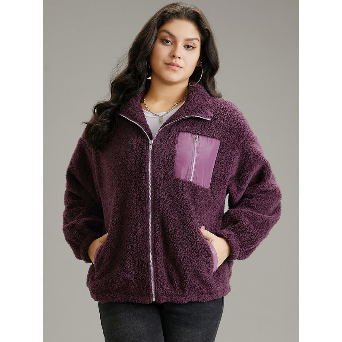 Plus Size Contrast Zipper Pocket Teddy Jacket Women Purple Elastic cuffs Pocket Dailywear Jackets BloomChic 14-16/1X Product Image