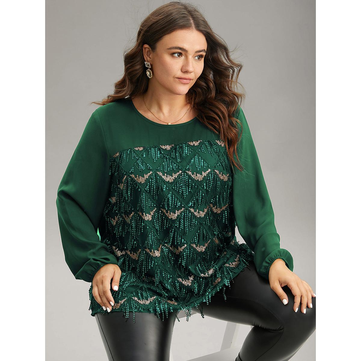 Plus Size DarkGreen Sequin Tassel Trim Patchwork Lantern Sleeve Blouse Women Glamour Long Sleeve Round Neck Party Blouses BloomChic 30/6X Product Image