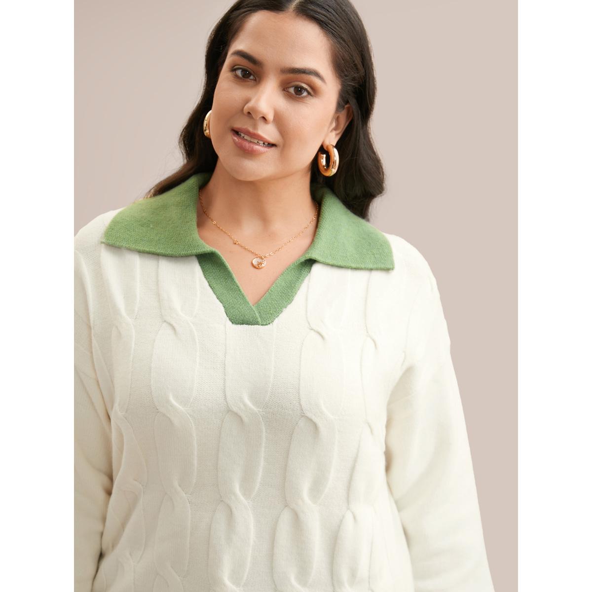 Plus Size Supersoft Essentials Contrast Polo Neck Cable Knit Pullover Beige Women Leisure Loose Long Sleeve Polo Casual Pullovers BloomChic 12/L Product Image