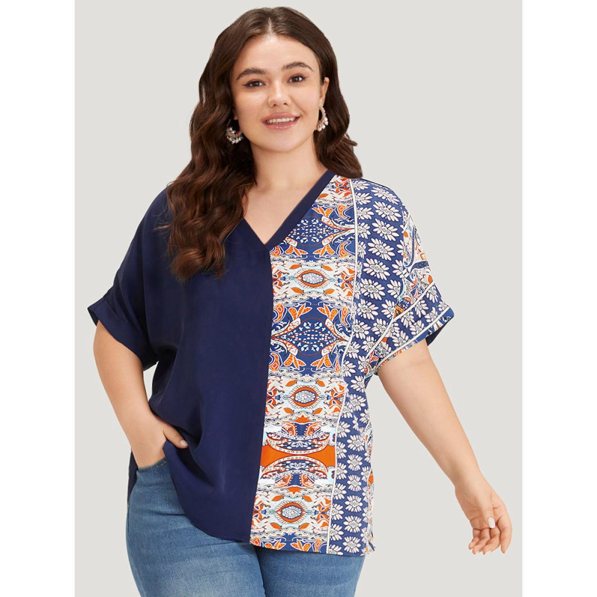 Plus Size Indigo Bandana Print Patchwork Contrast Roll Batwing Sleeve Blouse Women Vacation Short sleeve V-neck Dailywear Blouses BloomChic 28/5X Product Image