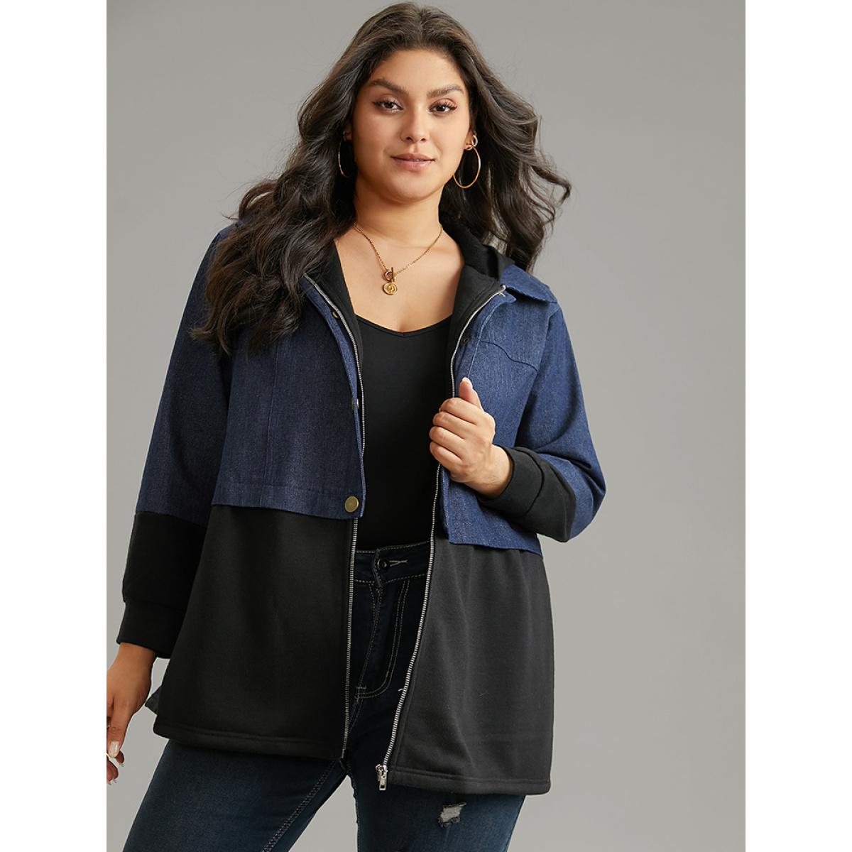 Plus Size Contrast Patchwork Button Up Pocket Zipper Coat Women Black Casual Contrast Ladies Everyday Winter Coats BloomChic 28/5X Product Image