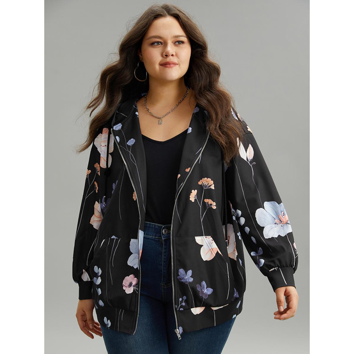 Plus Size Floral Print Zipper Hooded Pocket Windbreaker Women Black Printed Pocket Dailywear Jackets BloomChic 26/4X Product Image