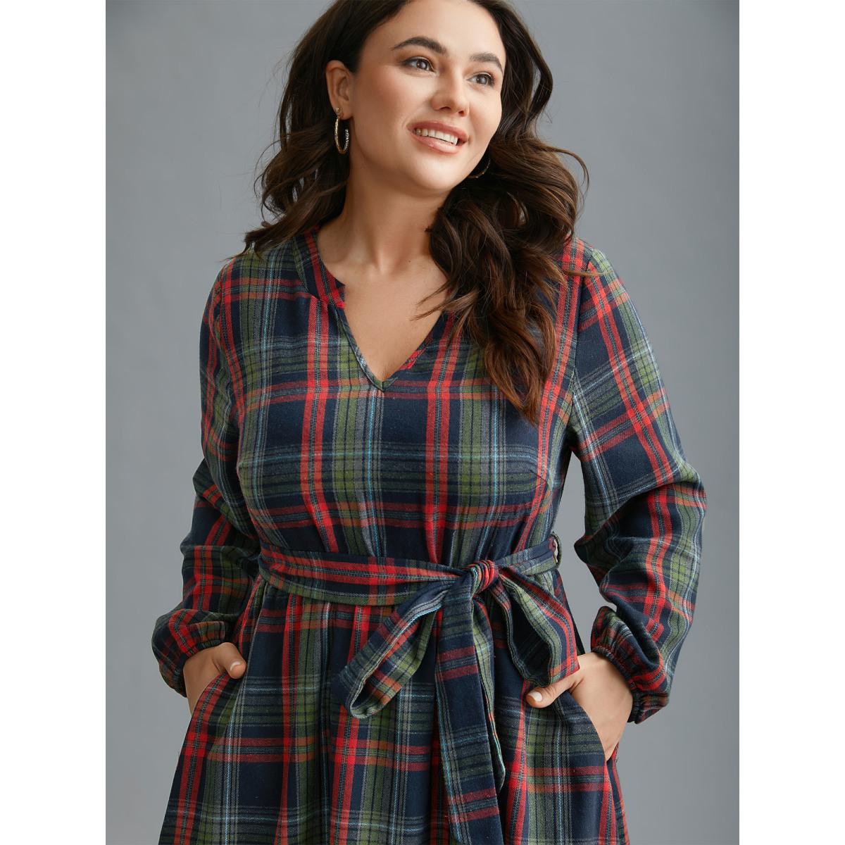 Plus Size Festive Notched Collar Plaid Dress Navy Women Elegant Belted Flat collar with V-notch Long Sleeve Curvy BloomChic 26/4X Product Image