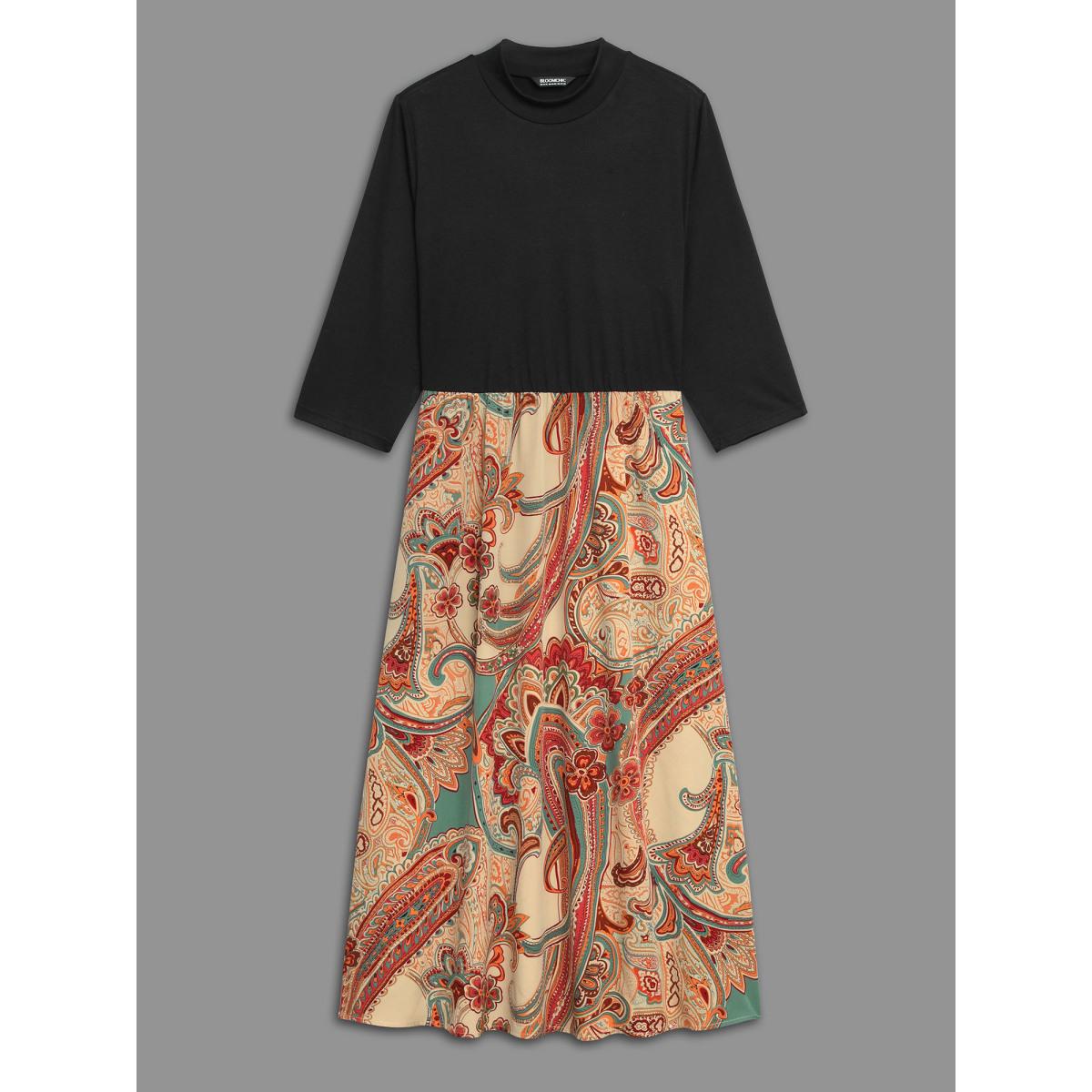 Plus Size Bandana Print Patchwork Elastic Waist Dress Black Women Resort Patchwork Mock Neck Elbow-length sleeve Curvy BloomChic 30/6X Product Image