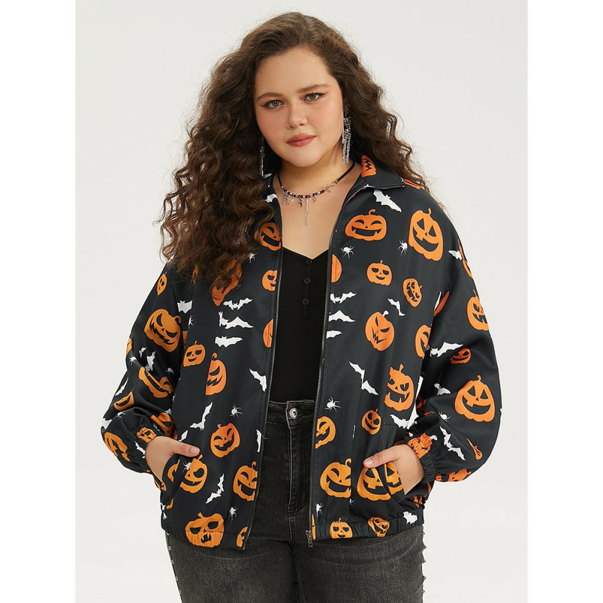 Plus Size Halloween Graphic Zipper Fly Pocket Coat Women Black Casual Elastic cuffs Ladies Dailywear Winter Coats BloomChic 14-16/1X Product Image