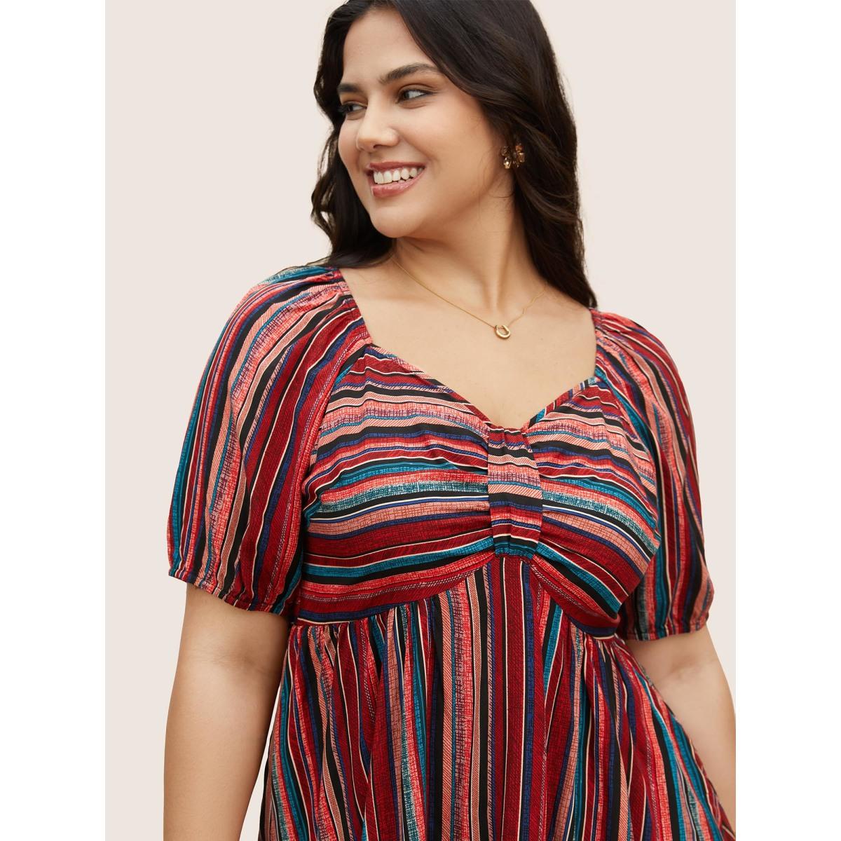 Plus Size Multicolor Striped Heart Neckline Lantern Sleeve Blouse Women Elegant Short sleeve Heart neckline Everyday Blouses BloomChic 12/L Product Image