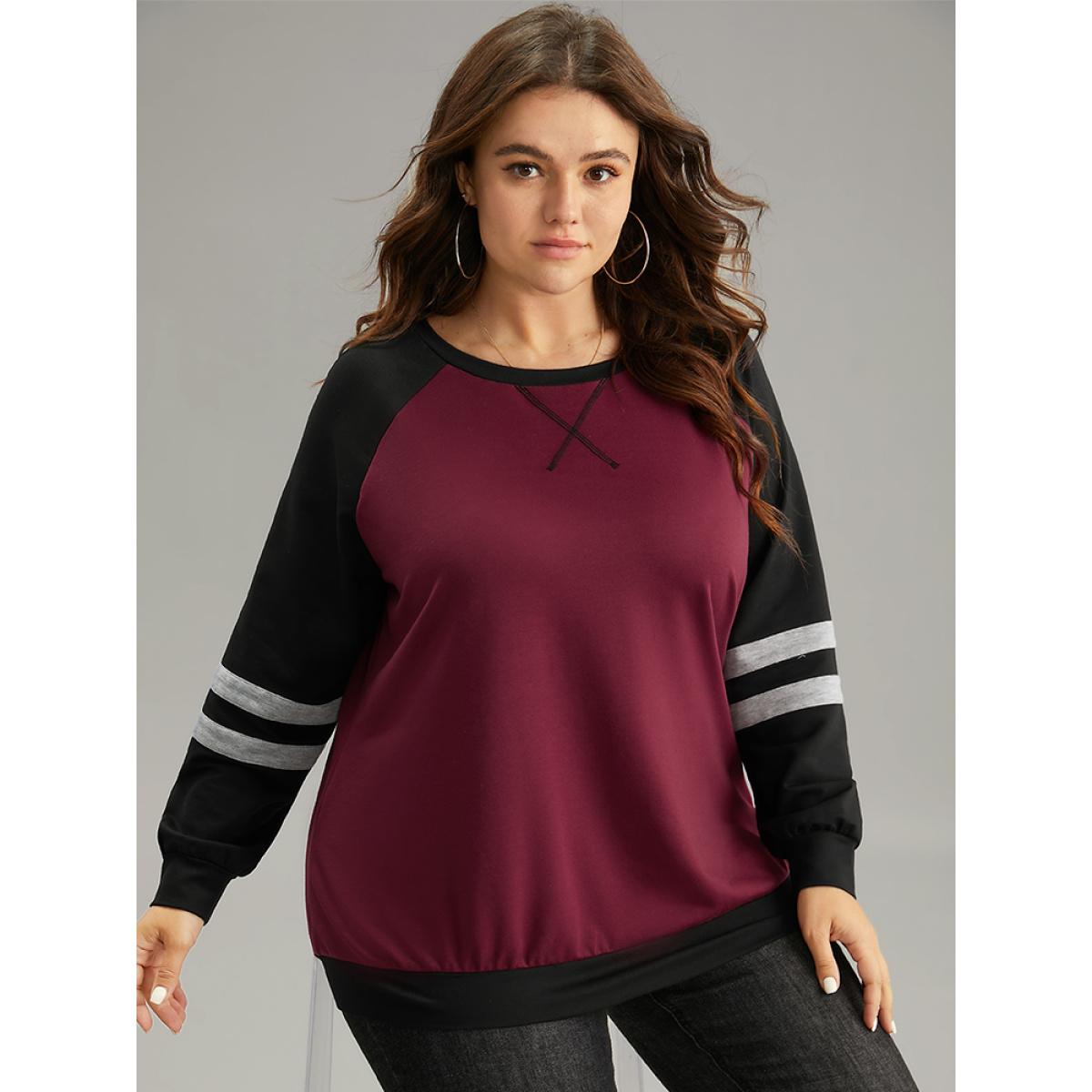 Plus Size Striped Contrast Raglan Sleeve Stitch Sweatshirt Women Burgundy Casual Contrast Round Neck Everyday Sweatshirts BloomChic 12/L Product Image