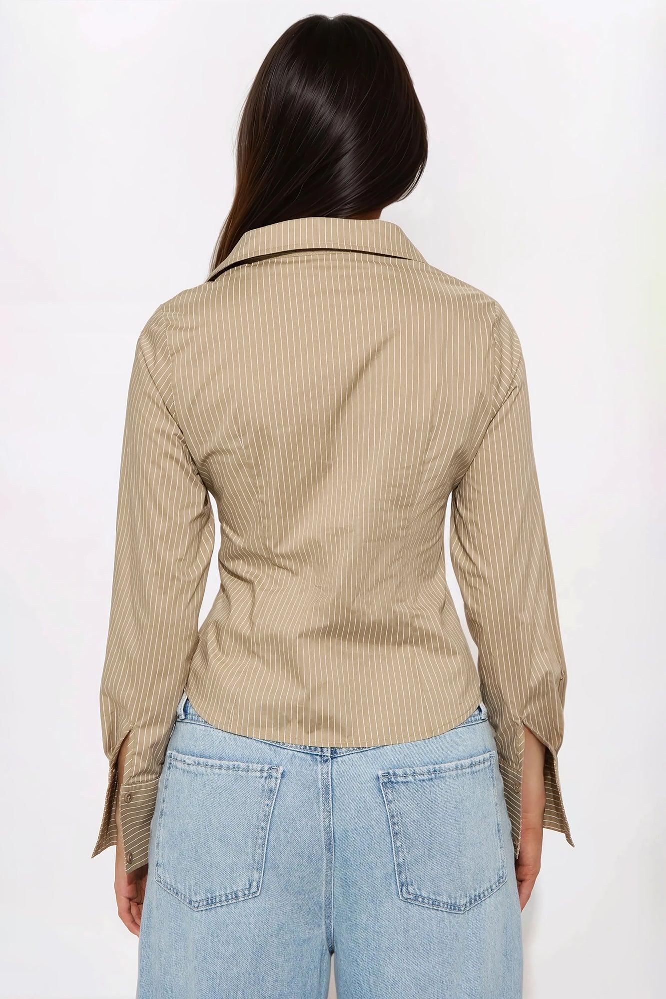 Sierra Lace Up Pinstripe Shirt - Taupe/combo Product Image