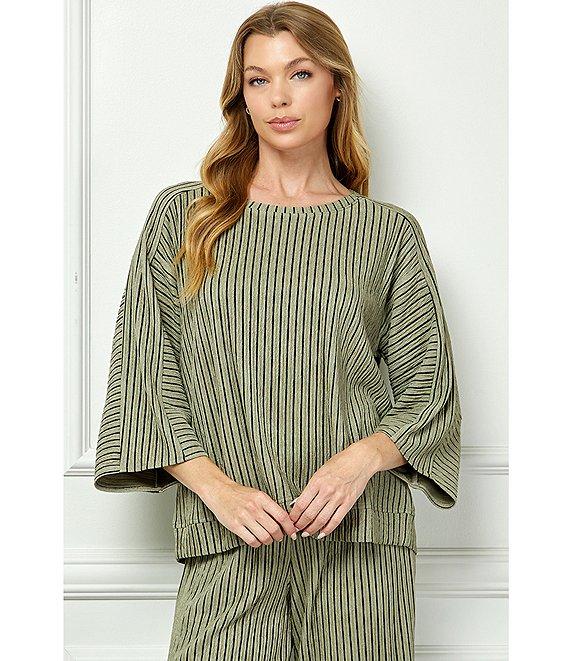 See And Be Seen Stripe Knit Boat Neck 3/4 Sleeve Coordinating Top Product Image