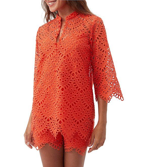 Trina Turk Martigues Lernis Lace Button Mandarin Collar 3/4 Bell Sleeve Top Product Image