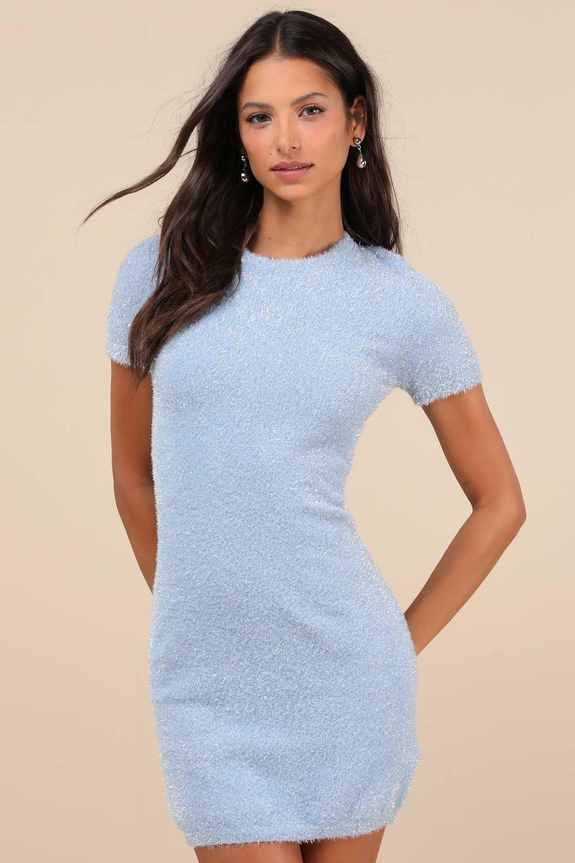 Signature Shimmer Light Blue Lurex Cutout Sweater Mini Dress Product Image
