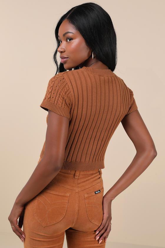 Modish Ways Rust Brown Cable Knit Short Sleeve Sweater Top Product Image